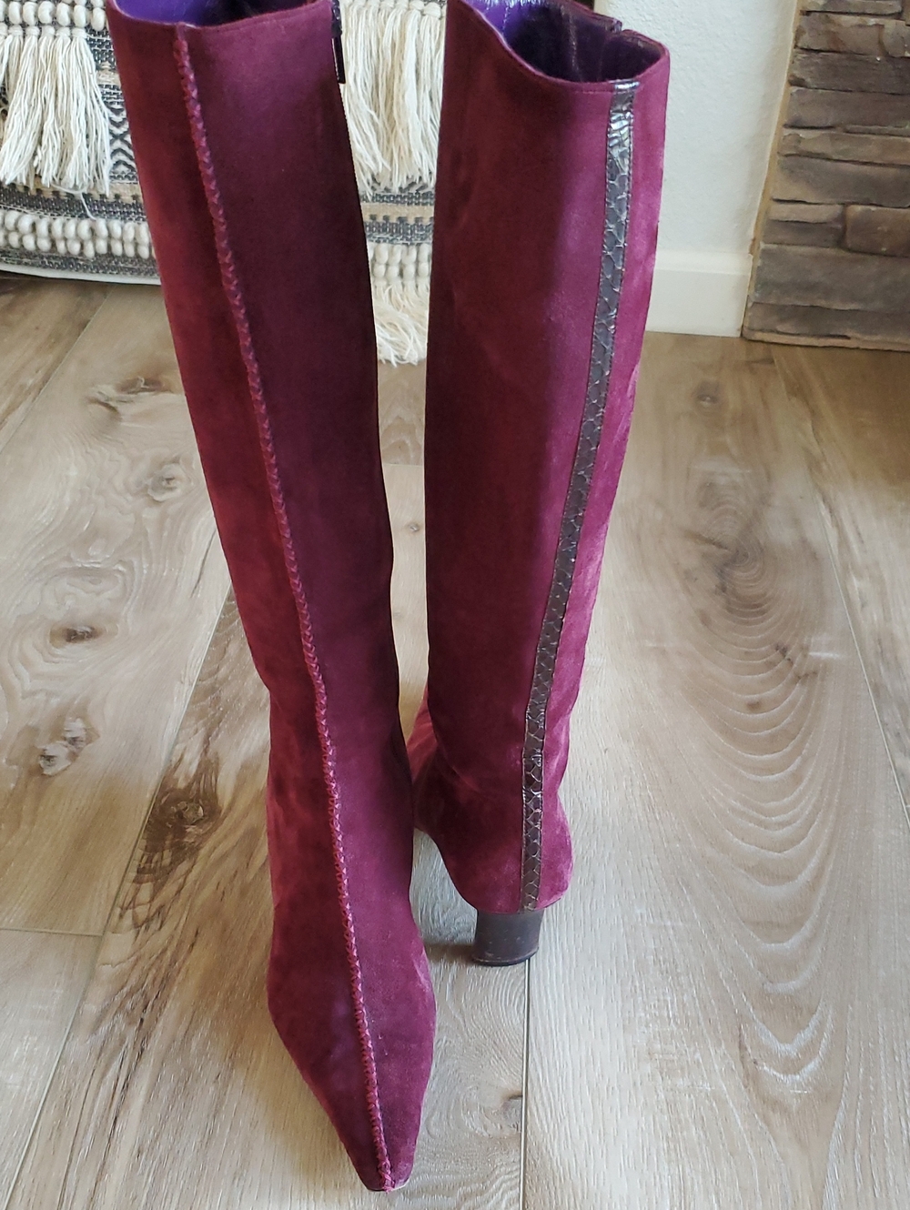 Barbara Bui Burgundy Suede Over-the-Knee Pointed Boots Snakeskin Trim